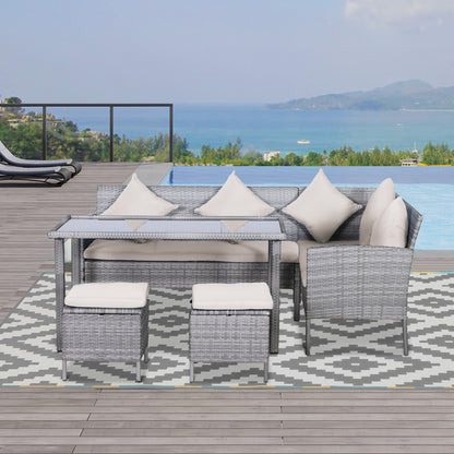 Outsunny 5-tlg. Gartenmöbel Set, Rattan Sitzgruppe mit Fußhocker, Metall, Grau, 142 x 60 x 75 cm