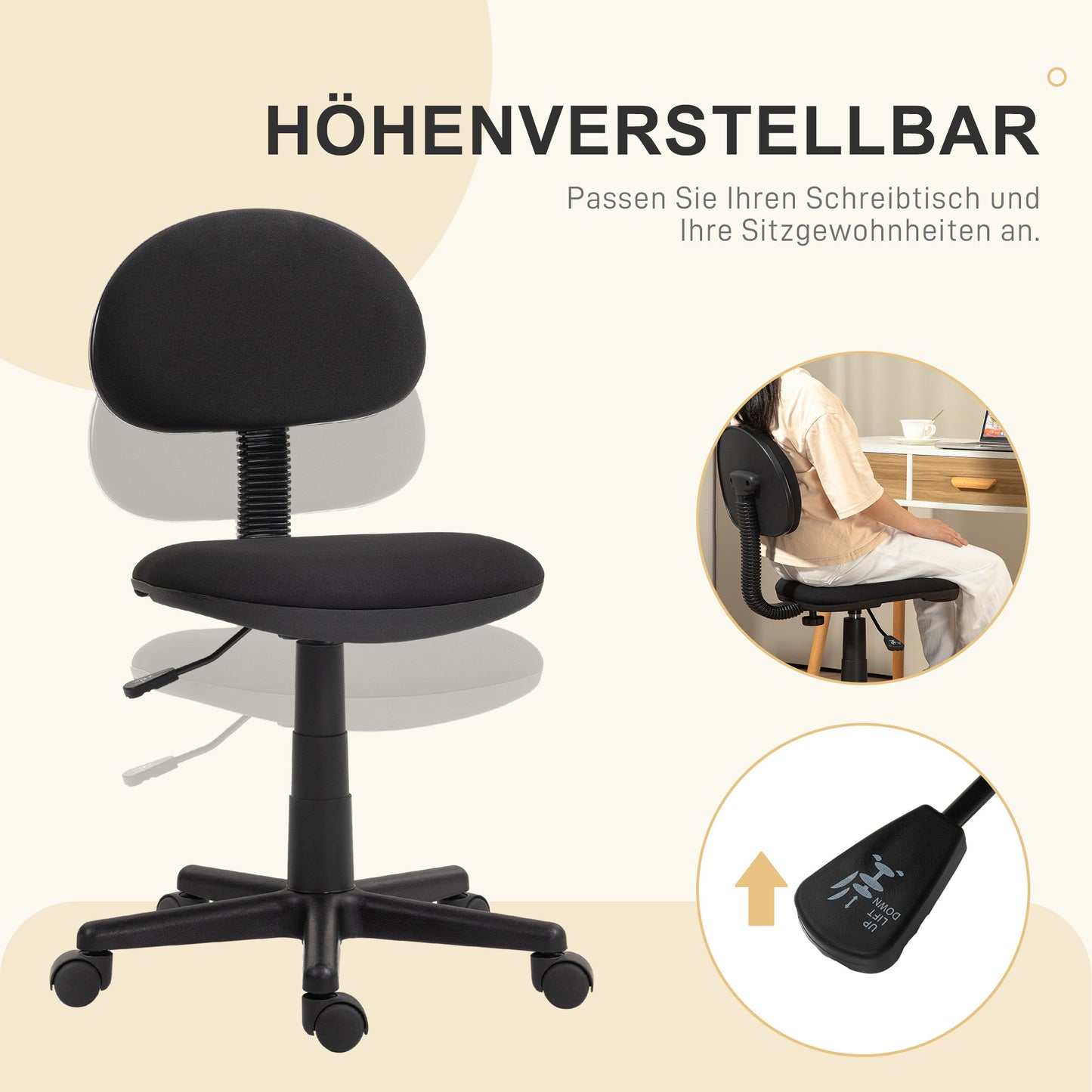 HOMCOM Bürostuhl, armloses Design, niedrige Rückenlehne, rollbar, drehbar, Schwarz
