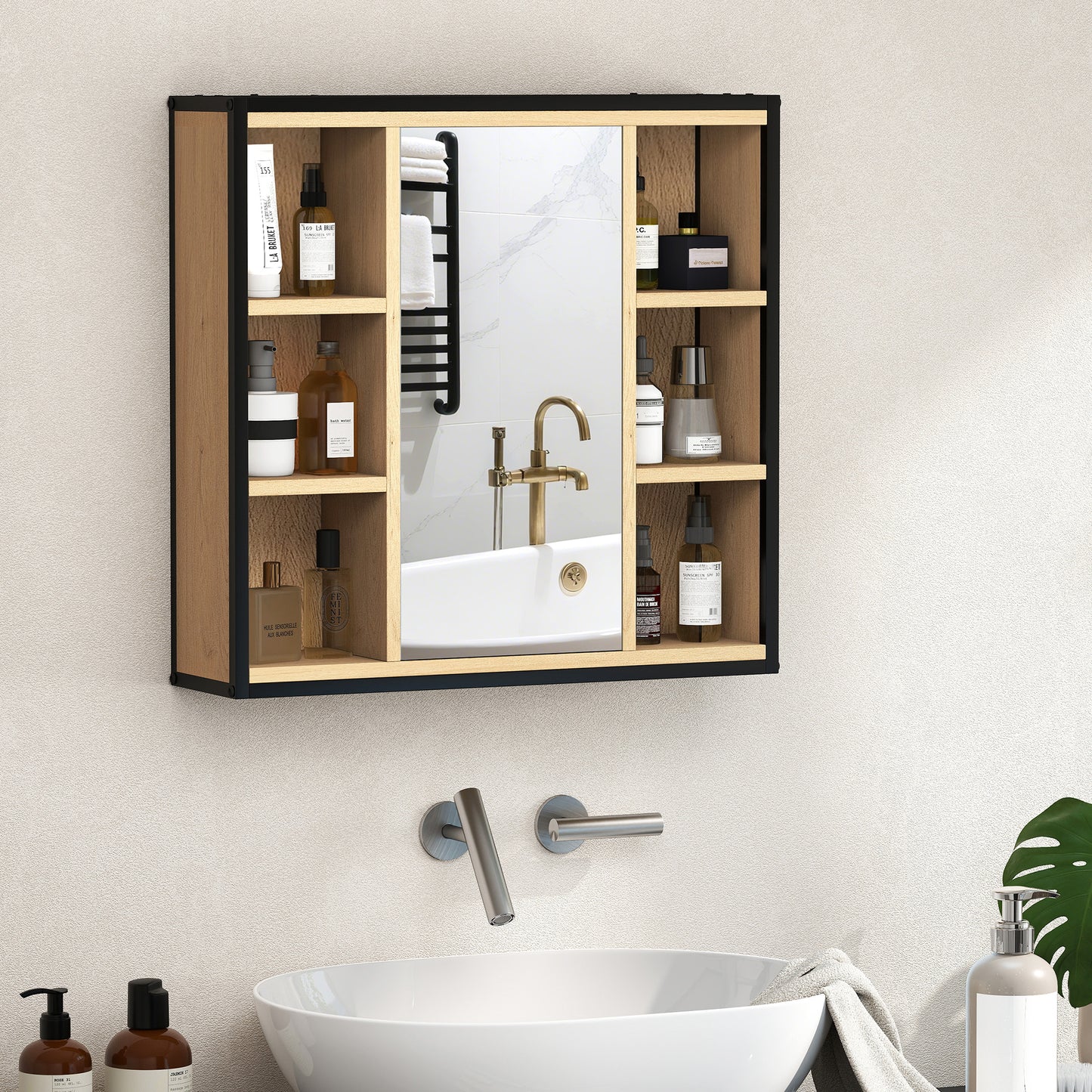 HOMCOM Badezimmer-Spiegelschrank, 6 offene Fächer, 3-stufiges Regal, Wandmontage, Eiche