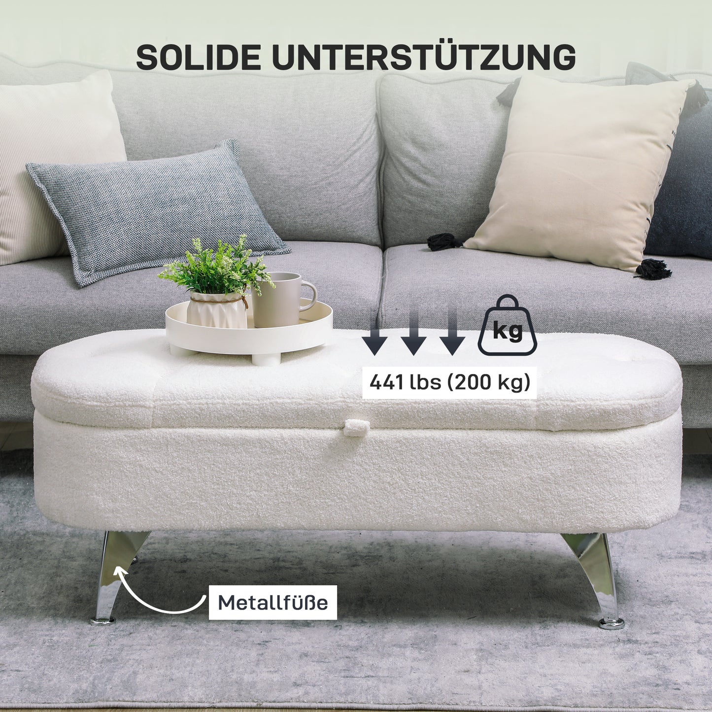 HOMCOM Sitzbank mit Stauraum, Deckel und Metallbeinen für Wohnzimmer, Schlafzimmer, Flur, Weiß