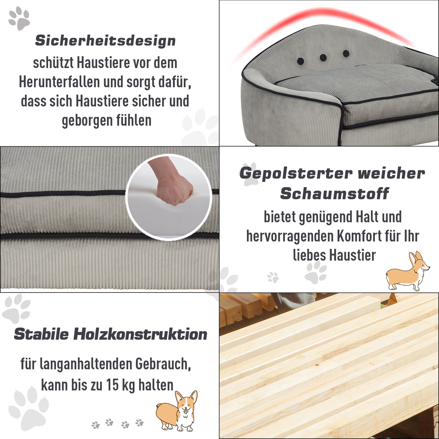 PawHut Haustiersoffa, Hundebett, Hundematte, Hundesofa, Naturholz+Plüsch, Grau, 66,5 x 45 x 35,5 cm
