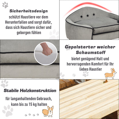 PawHut Haustiersoffa, Hundebett, Hundematte, Hundesofa, Naturholz+Plüsch, Grau, 66,5 x 45 x 35,5 cm