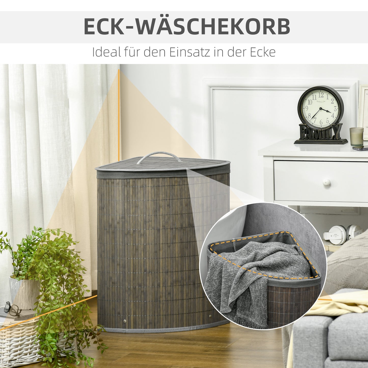 HOMCOM 55 L Wäschekorb mit Deckel, Griff, Wäschesortierer mit herausnehmbarem Wäschesack für Badezimmer, Bambus, Grau