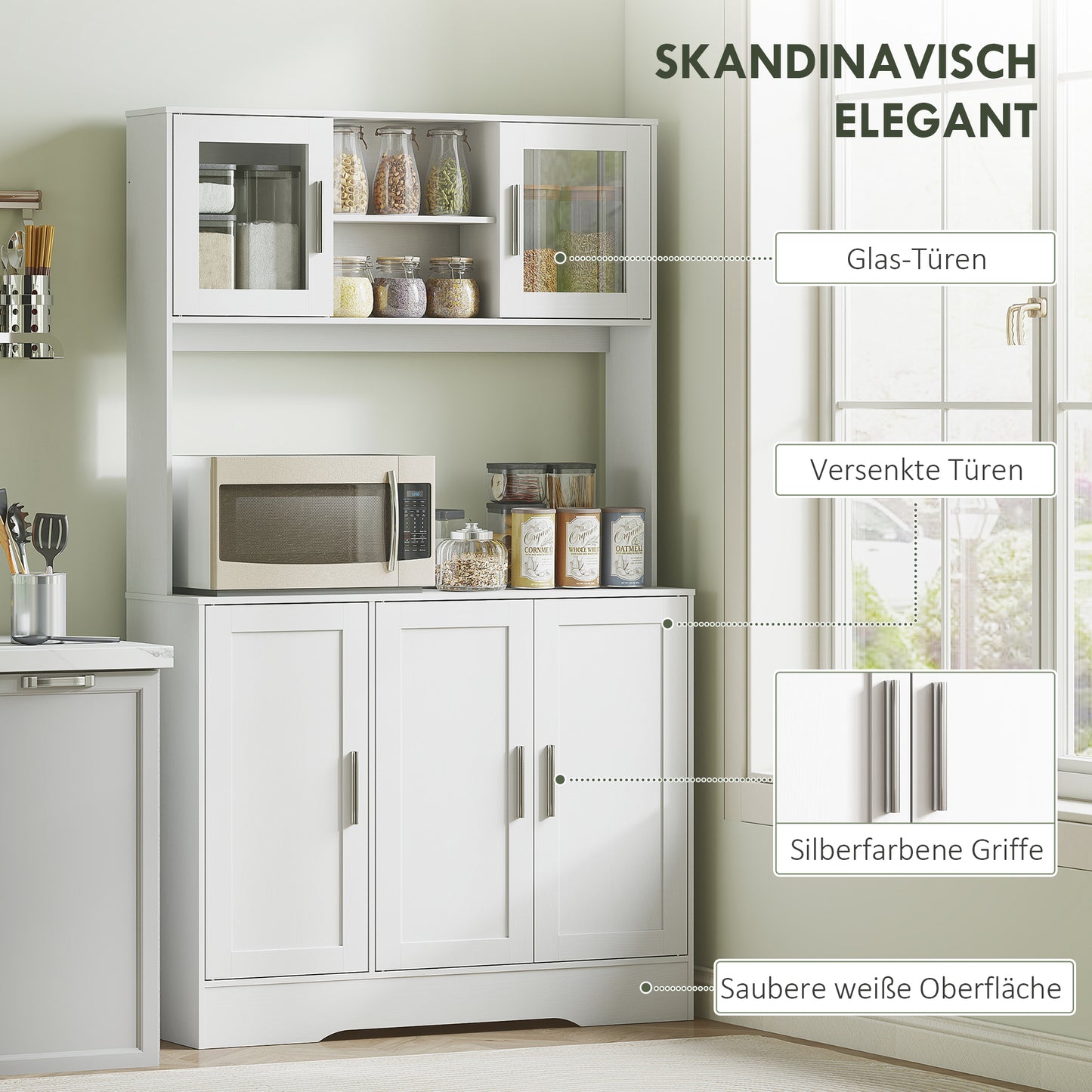 HOMCOM Küchenschrank, Skandinavisches Design, 4 Schränke, verstellbare Regale, Glastüren, offene Fläche, Spanplatte, MDF, Weiß