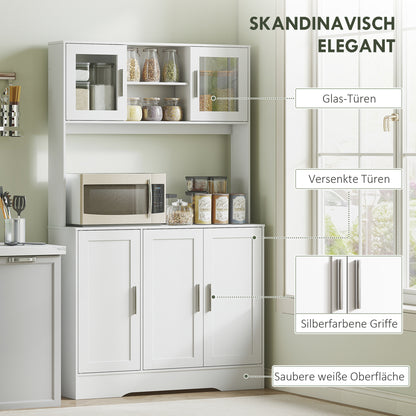 HOMCOM Küchenschrank, Skandinavisches Design, 4 Schränke, verstellbare Regale, Glastüren, offene Fläche, Spanplatte, MDF, Weiß