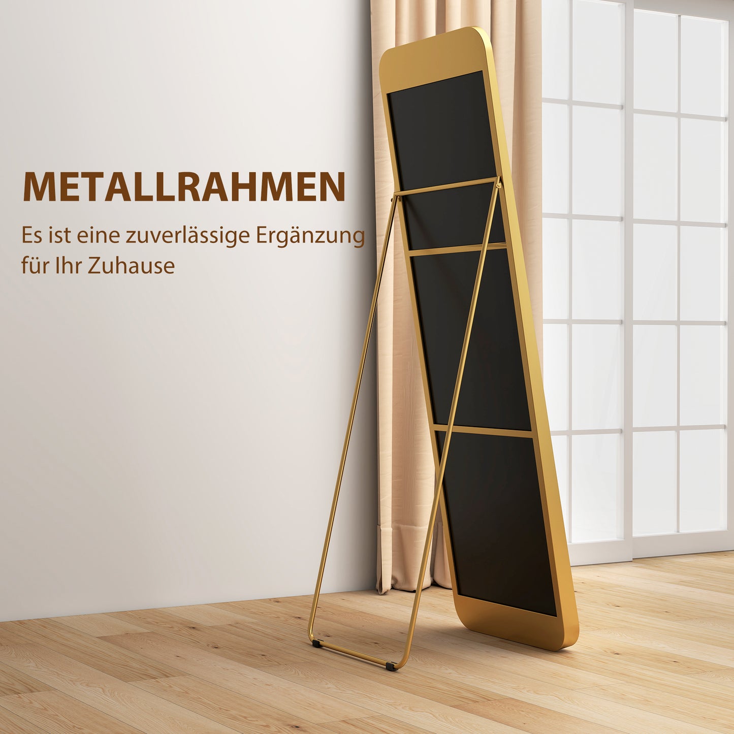 HOMCOM Ganzkörperspiegel, freistehend, neigbar, Metallrahmen, MDF, 160 x 50 cm, Goldfarben