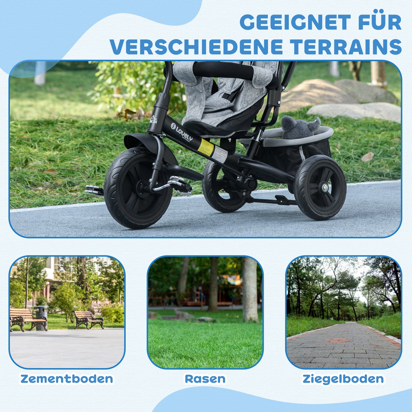 HOMCOM Kinder-Dreirad, Kinderfahrrad, Rückenkorb, Becherhalter, Sonnendach, Metall, Grau