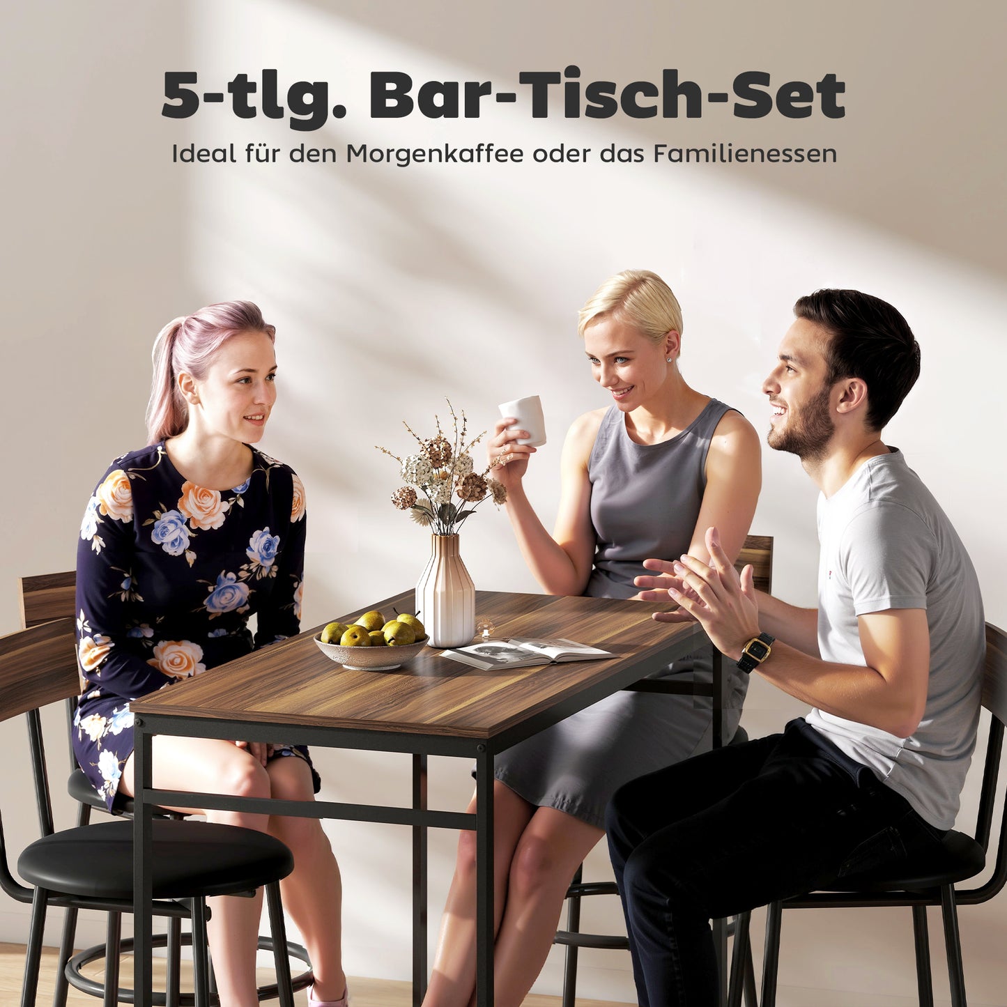 HOMCOM 5-teiliges Bartisch-Set mit 4 Stühlen, Industrielles Design, für Küche, Esszimmer, Holz, Stahl, Braun