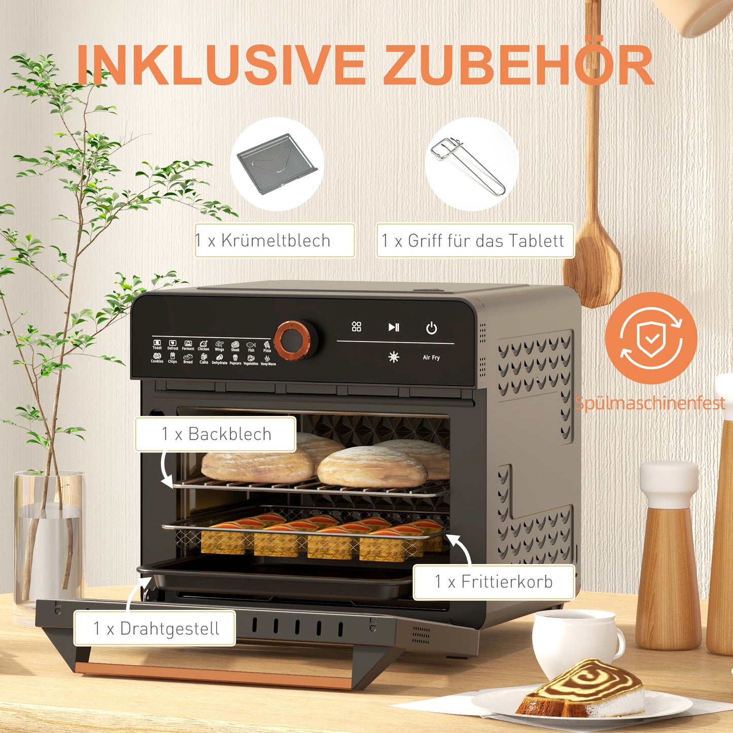 HOMCOM Minibackofen 20L, Mini Ofen, 40-220°C, 17 Modi, Timer, 36x37x34,5cm, Schwarz