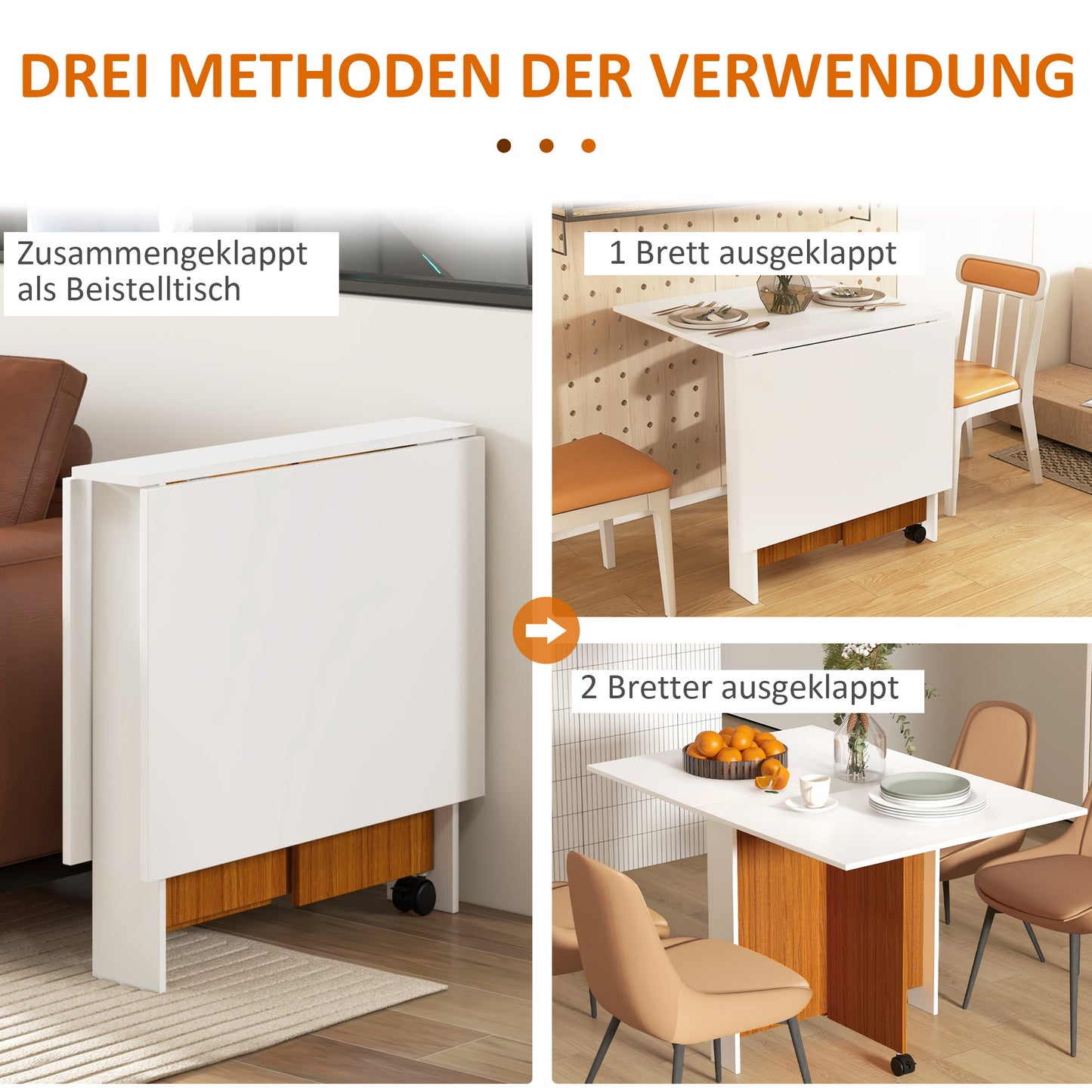 HOMCOM Ausklappbarer Esstisch Ausziehbarer Esstisch, mobil, modernes Design, 120 cm x 80 cm x 73 cm, Teak + Weiß