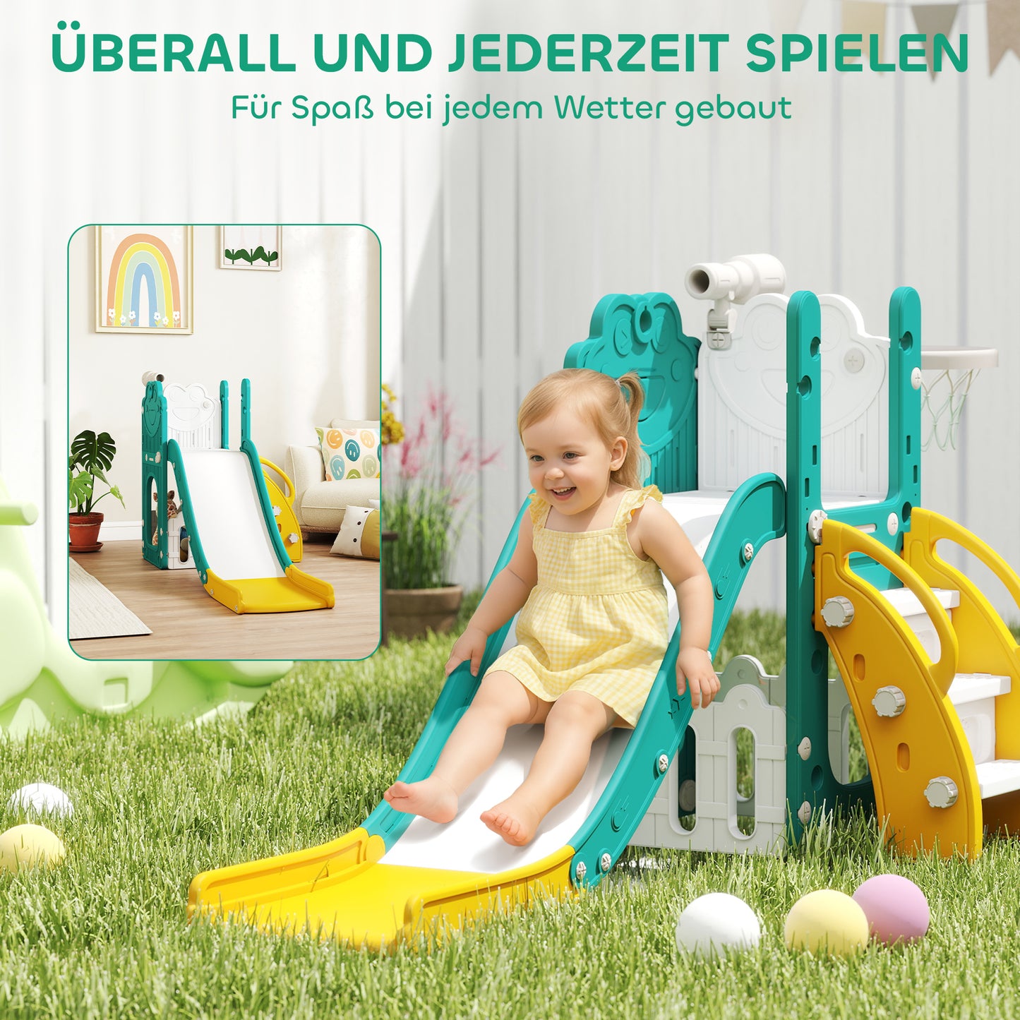 AIYAPLAY 5-in-1 Kinderrutschenset, Teleskop, Basketballkorb, Kunststoff, Gelb+Grün