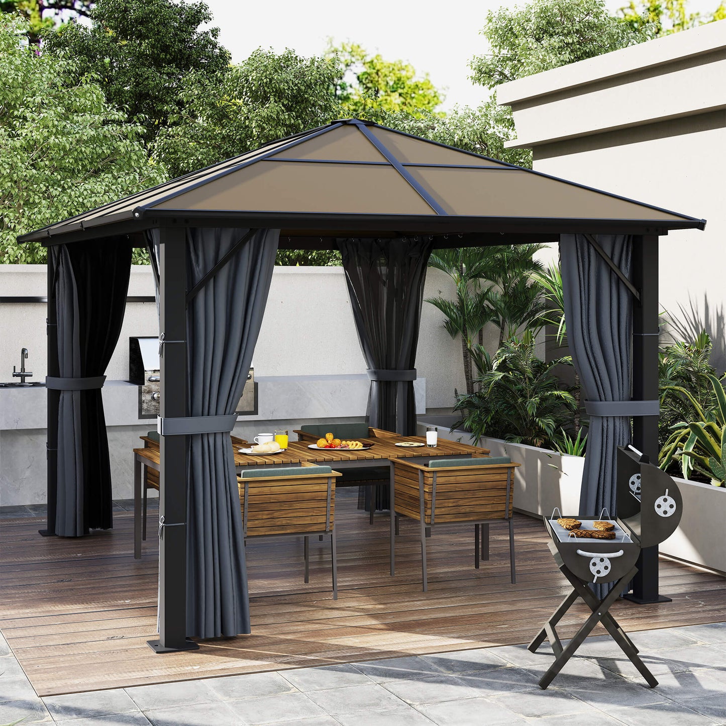 Outsunny Pavillon mit Polycarbonatdach, Vorhänge mit Fliegennetz, Alugestell, dunkelgrau, 3 x 3 m
