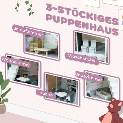 AIYAPLAY Puppenhaus aus Holz mit 13 Möbelstücken und Zubehör, 3-stöckiges Spielhaus für Kinder im Alter von 3-6 Jahren