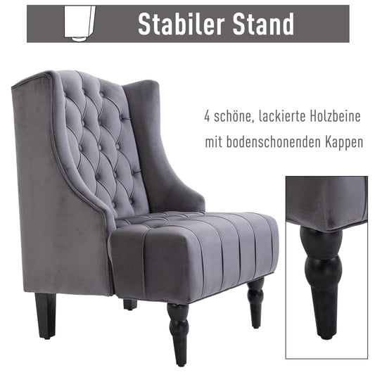 HOMCOM Einzelsessel Ohrensessel Relaxsessel mit Tufting erhöhte Beine Samtstoff Grau 67 x 70,5 x 97 cm