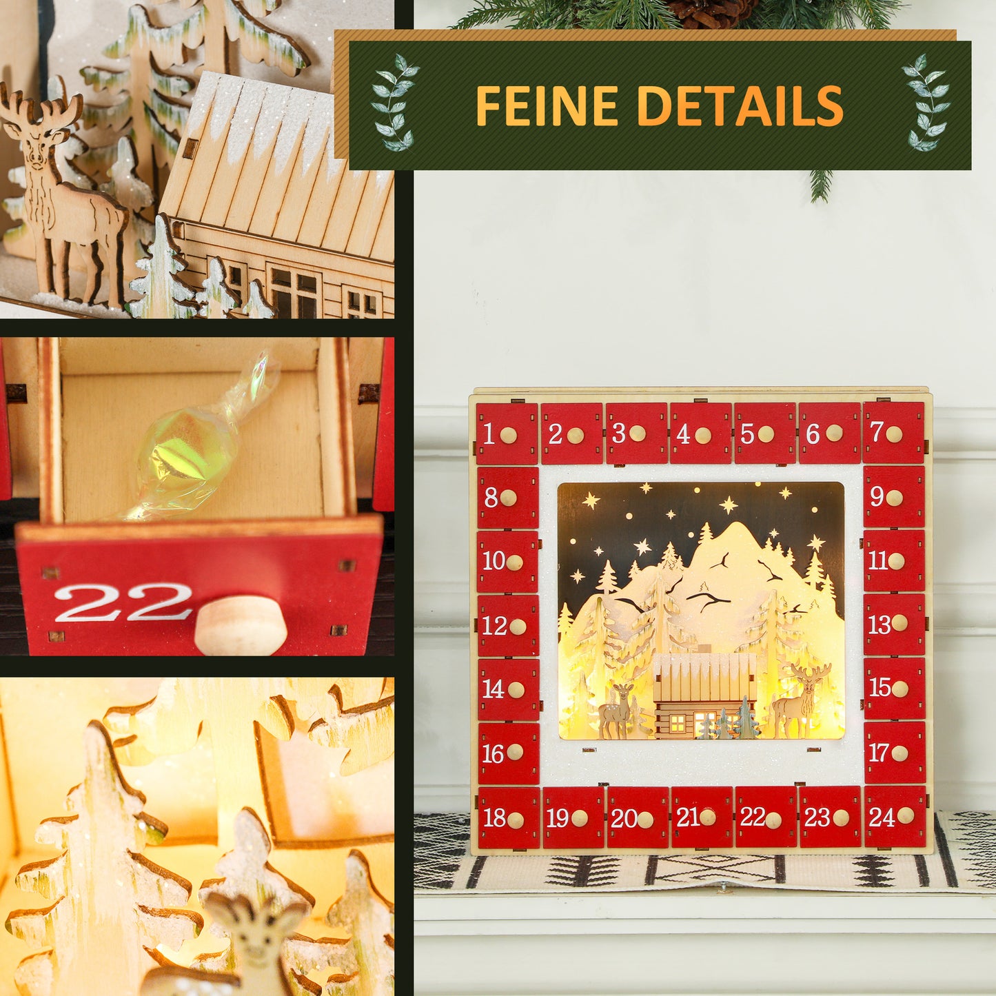 HOMCOM LED Adventskalender mit Dorfszene, 24 große Schubladen, MDF, 34 x 7 x 34 cm, Rot