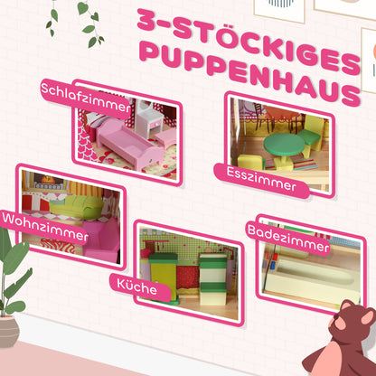 AIYAPLAY Puppenhaus, 3 Etagen, 13 Möbelstücke, Garage, Rutschen & Balkon, 114 x 32 x 92 cm, Rosa