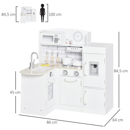 HOMCOM Spielküche, 14-tlg. Zubehör, elektr. Wasserspender, 86 x 64 x 84,5 cm, Weiß