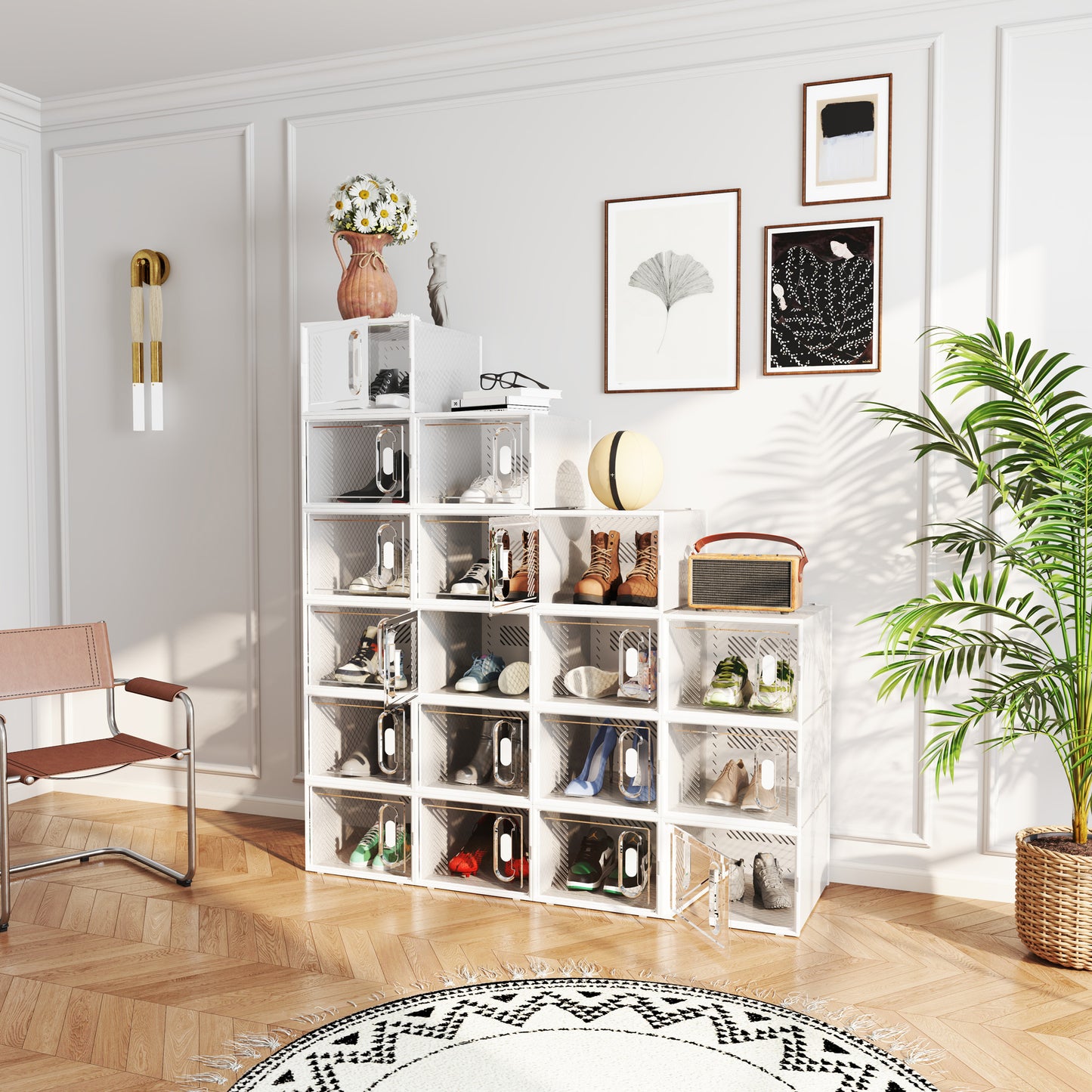 HOMCOM 8-teiliges Schuhregal, stapelbare Schuhboxen für Schuhe bis Größe 46, magnetische Türen, Kunststoff, 28 x 36 x 21 cm