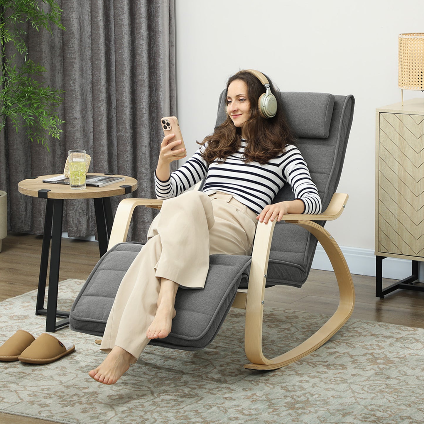 HOMCOM Schaukelstuhl mit Massage-Funktion, Lendenheizung, 3 Modi, Stoffbezug, Grau