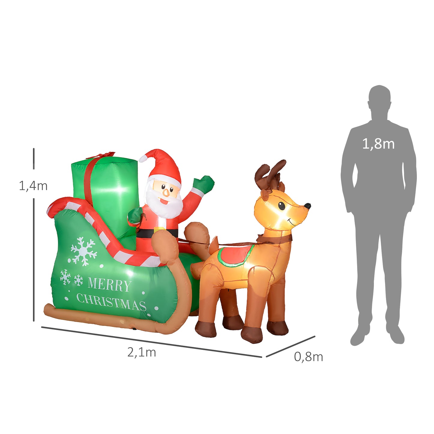 Outsunny Weihnachtsmann mit Schlitten &amp; Rentier, aufblasbar, weiße LED-Beleuchtung, 210 x 80 x 140 cm