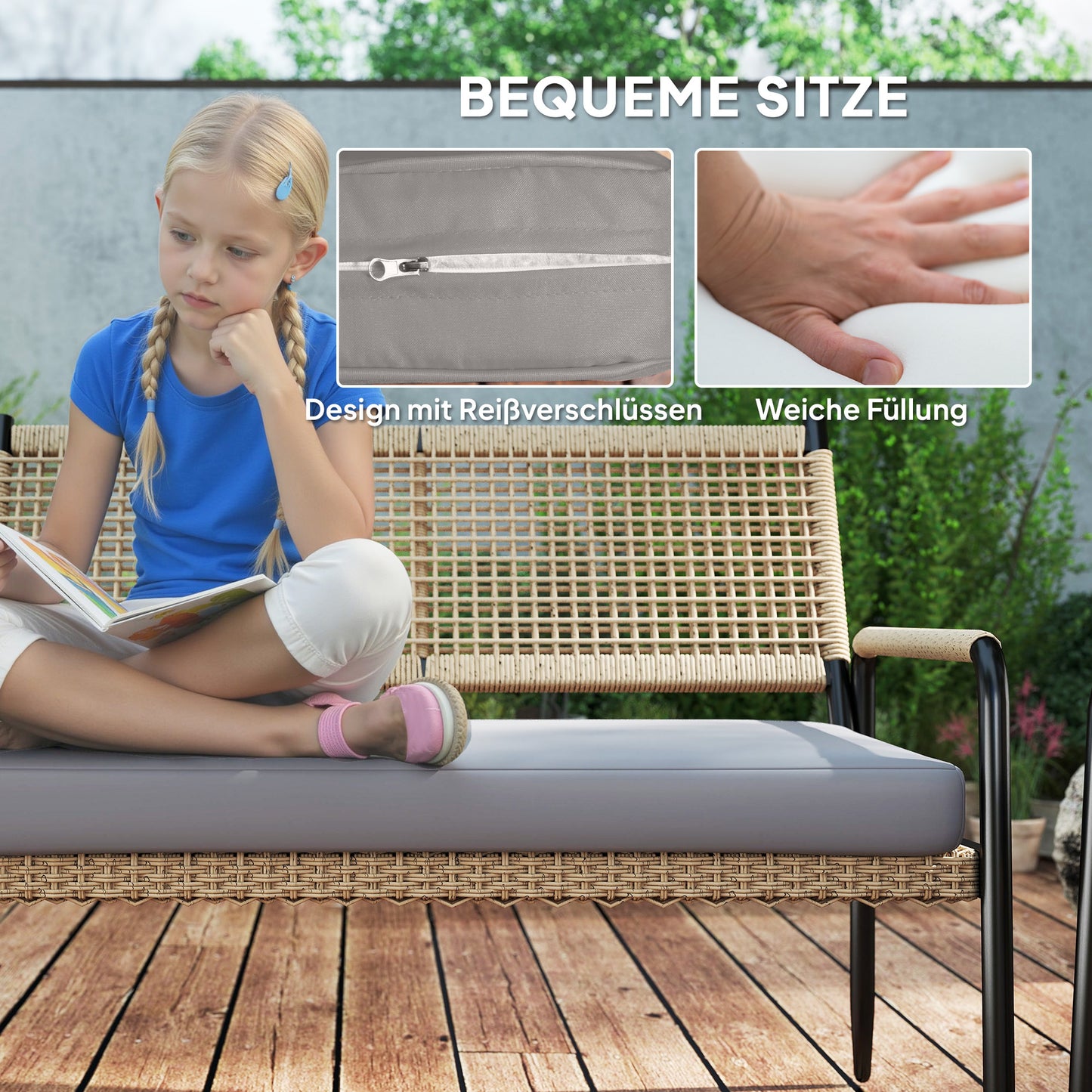 Outsunny Gartenmöbel Set från Polyrattan Lounge-Set mit 2er Sofa Sessel Glastisch Kissen für 4 Personen Dunkelgrau+Gelb