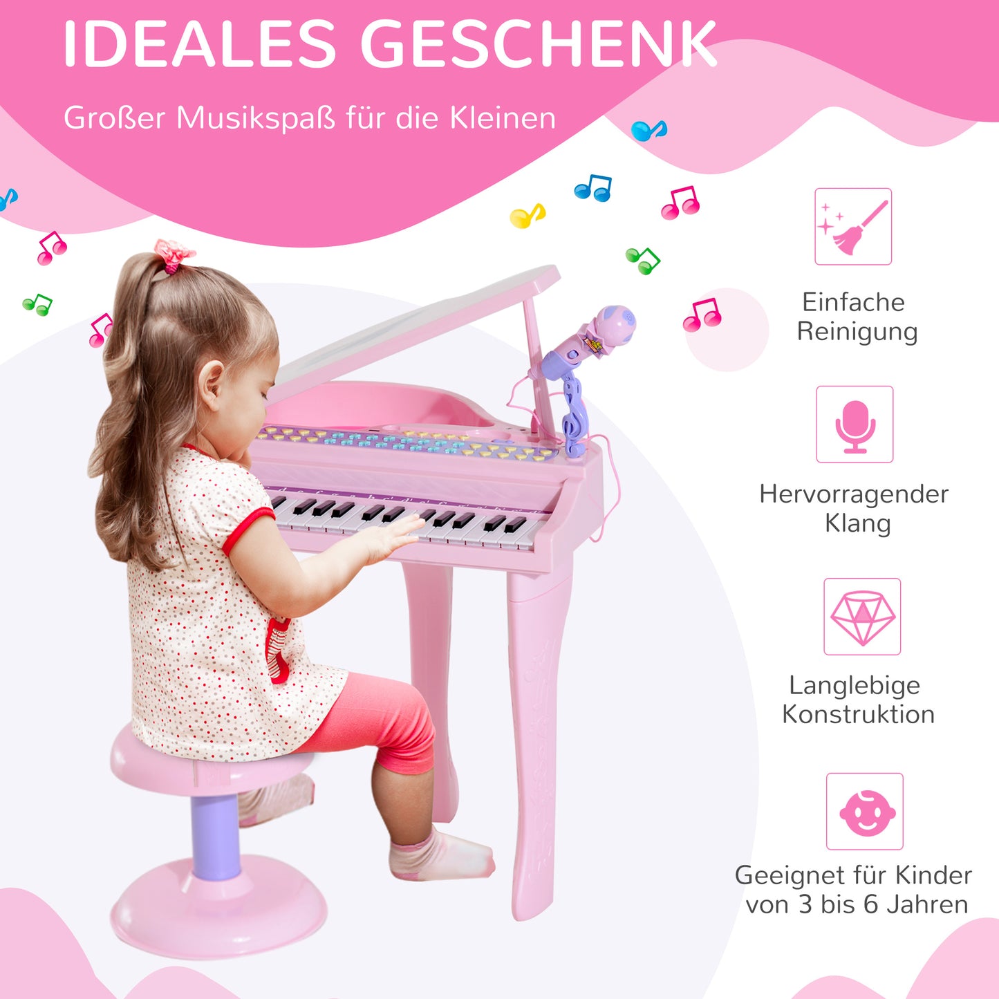 HOMCOM Keyboard Kinder mit 37 Tasten, Hocker Klavier mit Mikrofon, LED-Lehrmodus, Aufnahme, Piano Musikinstrument für 3-6 Jahre Kinder Rosa
