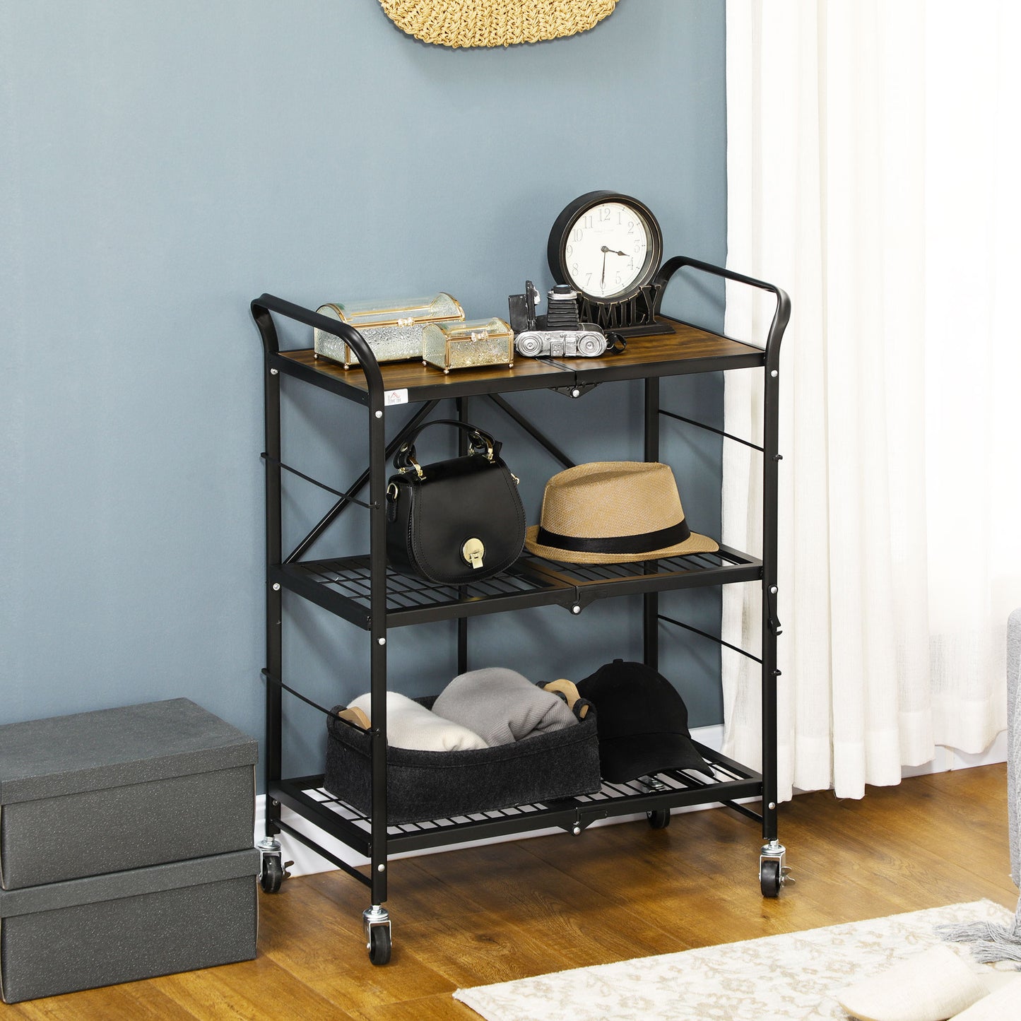 HOMCOM Küchenwagen im Industriedesign, mit 3 Regalen, Mehrzweckwagen, Servierwagen, 4 Räder, klappbar, Braun + Schwarz