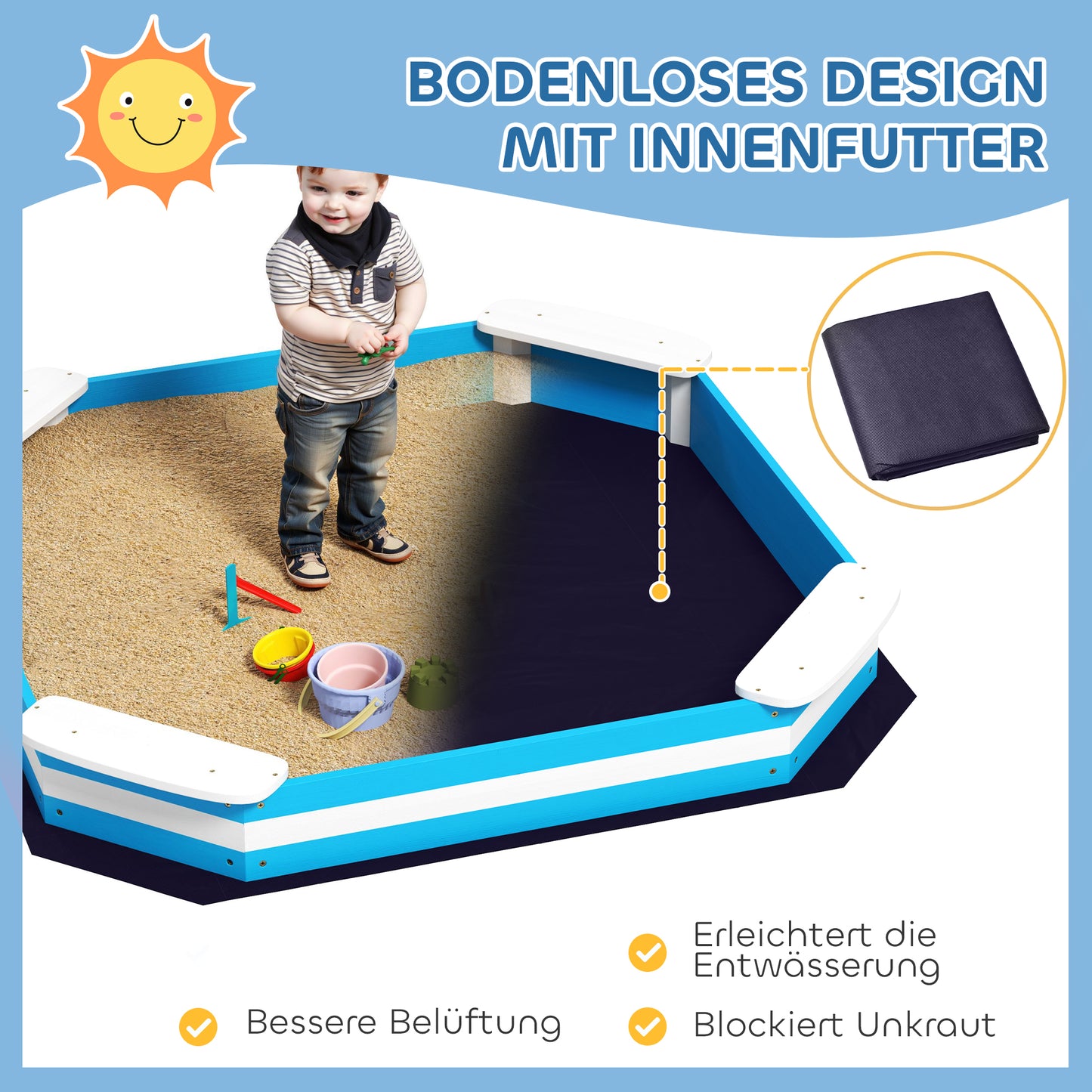 AIYAPLAY Sandkasten für Kinder, Sandkiste mit 4 Sitzen, Fichtenholz, bodenlos, Blau
