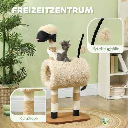 PawHut Katzenbaum im Schaf-Design, mit Kratzpfosten, Tunnel und Spielzeug, 98 cm, Hellbraun