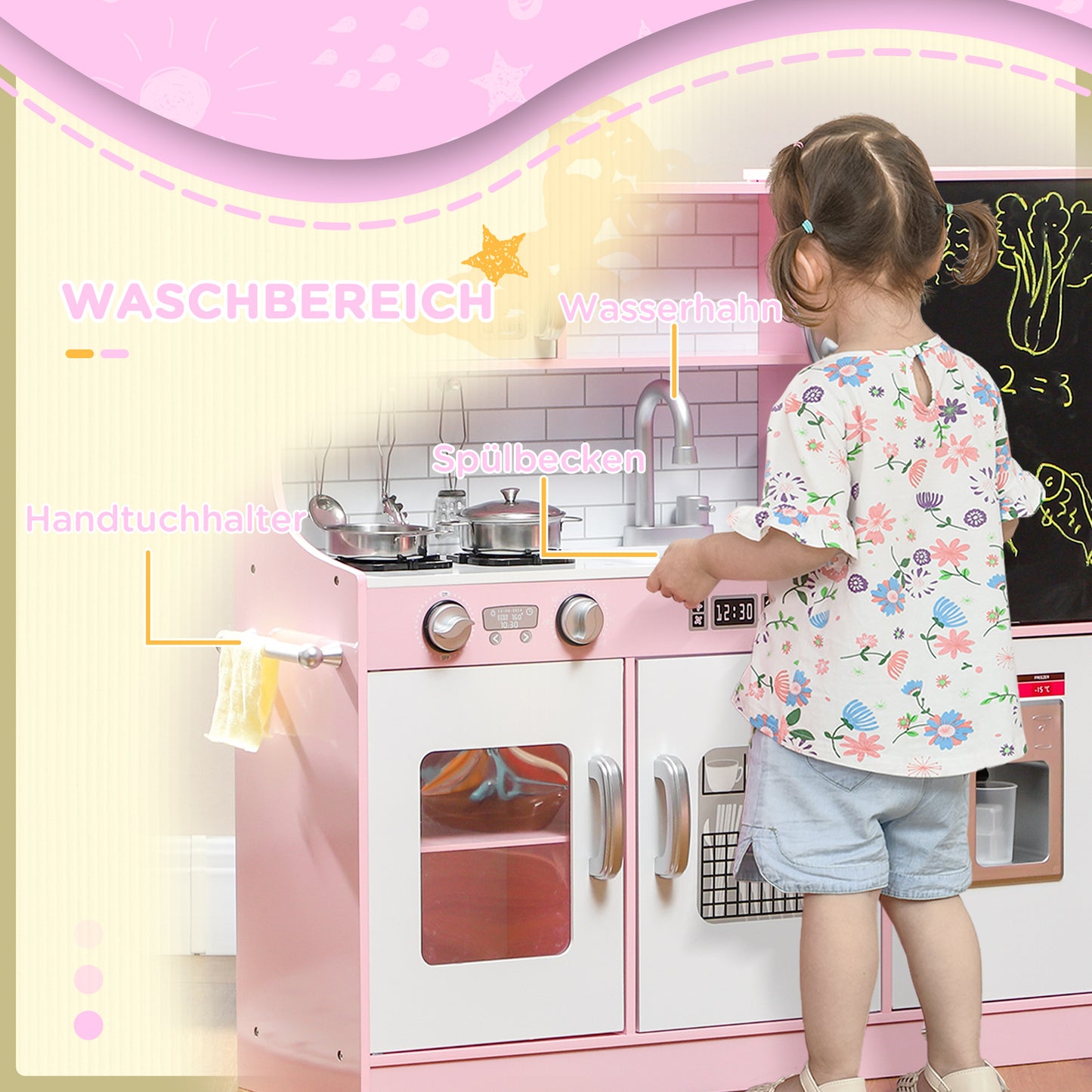 AIYAPLAY Spielküchen-Set mit Töpfen, Tafel, Telefon, Eismaschine, Herd, 83,8 x 26,8 x 81 cm, Pink