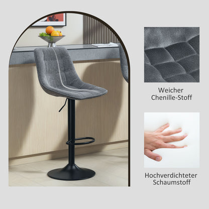 HOMCOM Moderner Barhocker, 2er-Set drehbare Barstühle mit Rückenlehne, höhenverstellbar, mit Fußstütze, gepolstert, Dunkelgrau