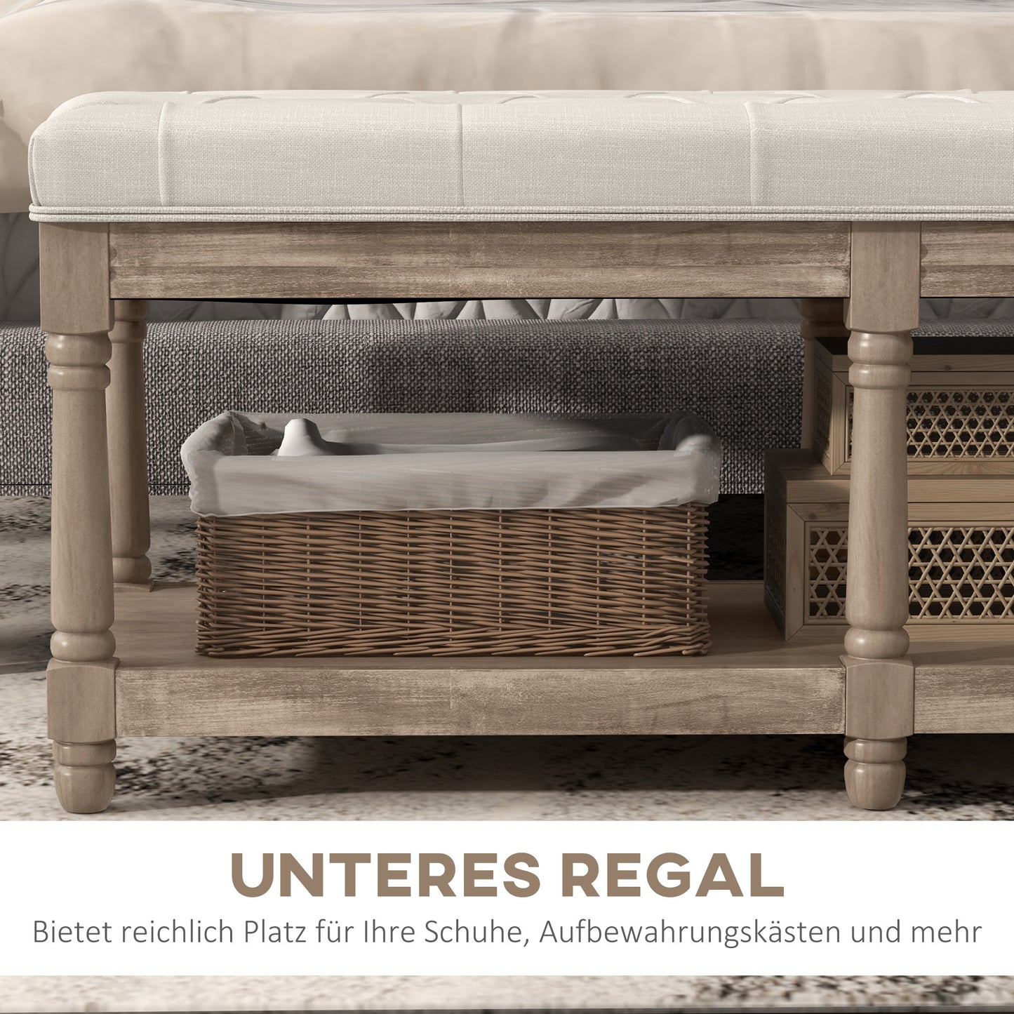 HOMCOM Sitzbank mit Stauraum, Vintage-Design, Knopfheftung, Kautschukbaumholz, 115x40x48cm, Cremeweiß