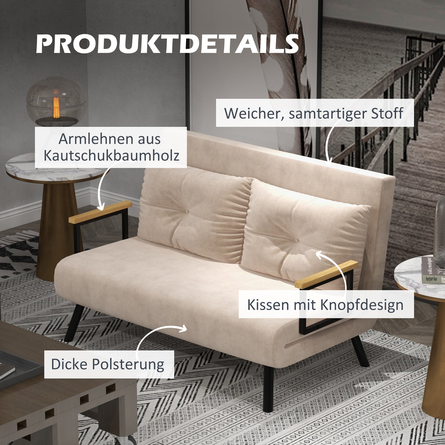 HOMCOM Schlafsofa 2er-Sofa Samtsofa, Schlaffunktion, inkl. 2 Kissen, Samtoptik, Natur + Beige + Schwarz