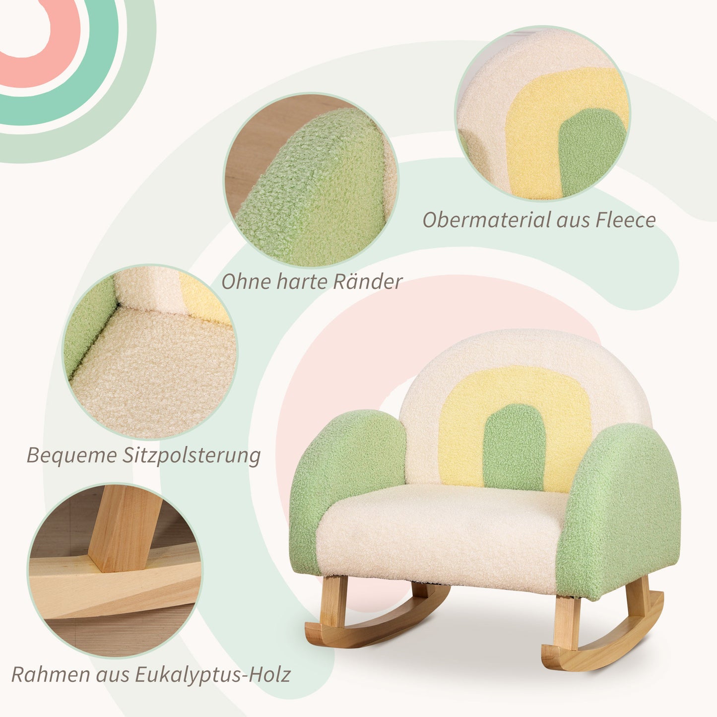 HOMCOM Schaukelstuhl für Kleinkinder Niedliches Design, Schaffell-Imitat, Eukalyptusholz Grün + Gelb Beige