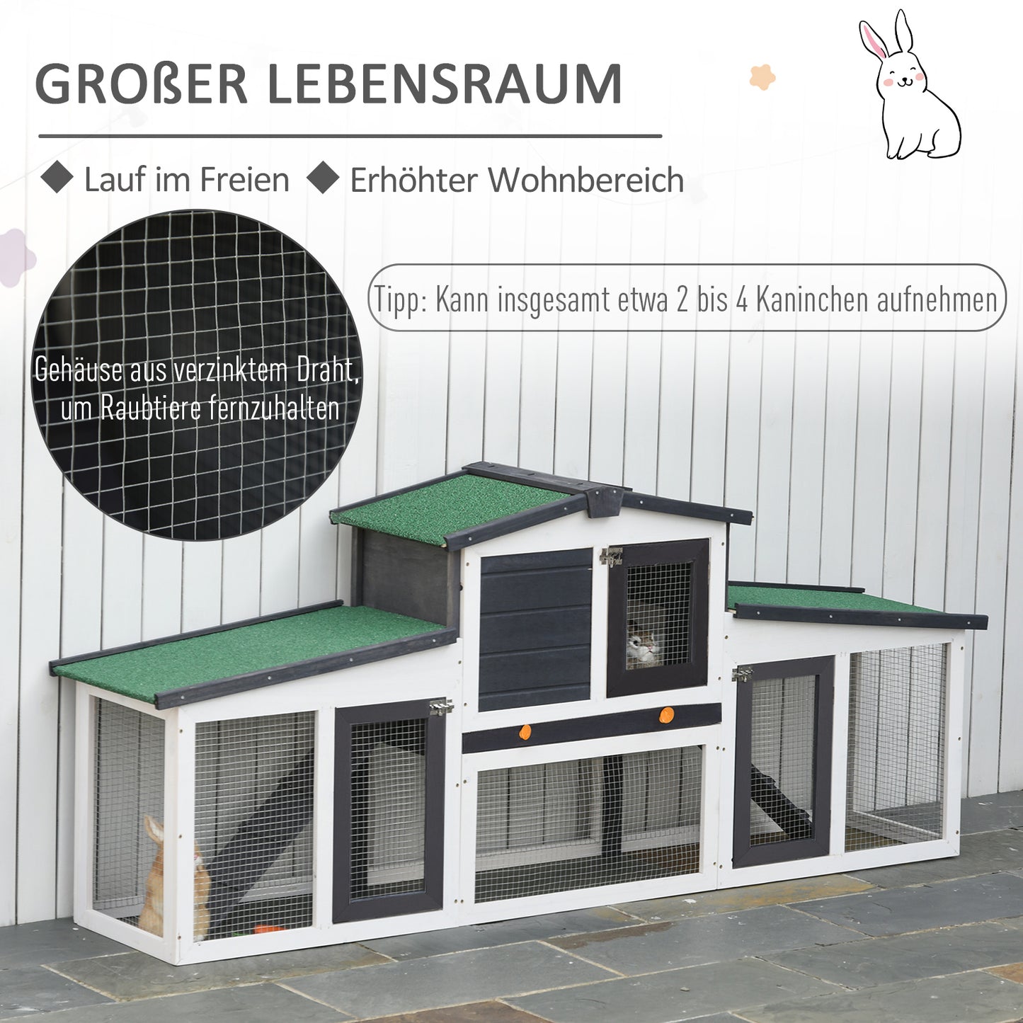 PawHut Kleintierstall mit 2 Freigehegen wetterbeständig Tannenholz Weiß + Grün