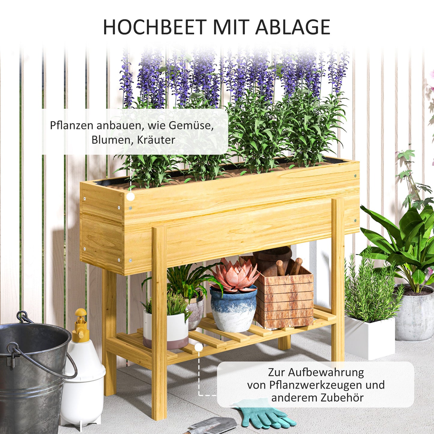 Outsunny Blumenkasten mit unterem Regal, Holzbeet mit Vlies-Auskleidung und Entwässerungslöchern, 100 x 30 x 70,5 cm, Naturholz