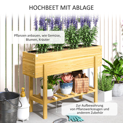 Outsunny Blumenkasten mit unterem Regal, Holzbeet mit Vlies-Auskleidung und Entwässerungslöchern, 100 x 30 x 70,5 cm, Naturholz