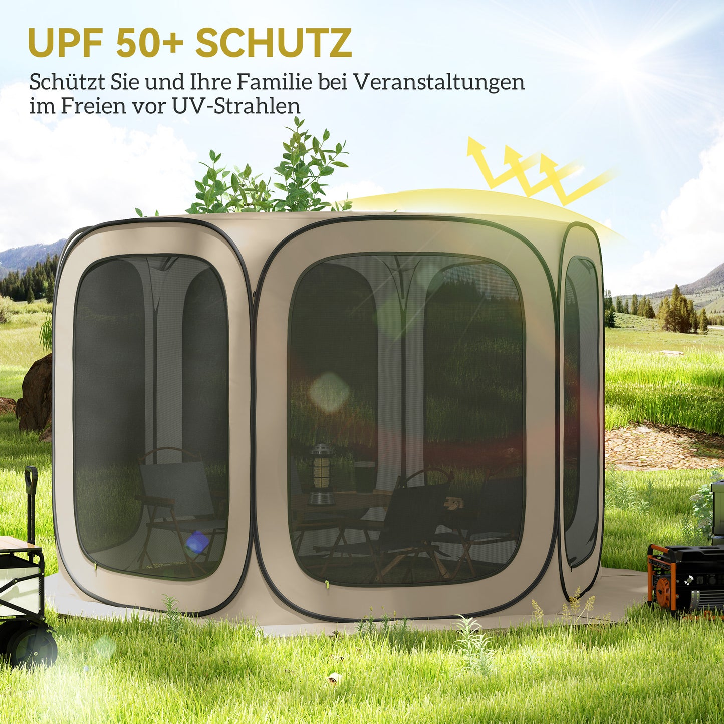 Outsunny Pop-up-Campingzelt, tragbar, UPF50+ Schutz, Netz-Seiten, Stahldraht, Khaki