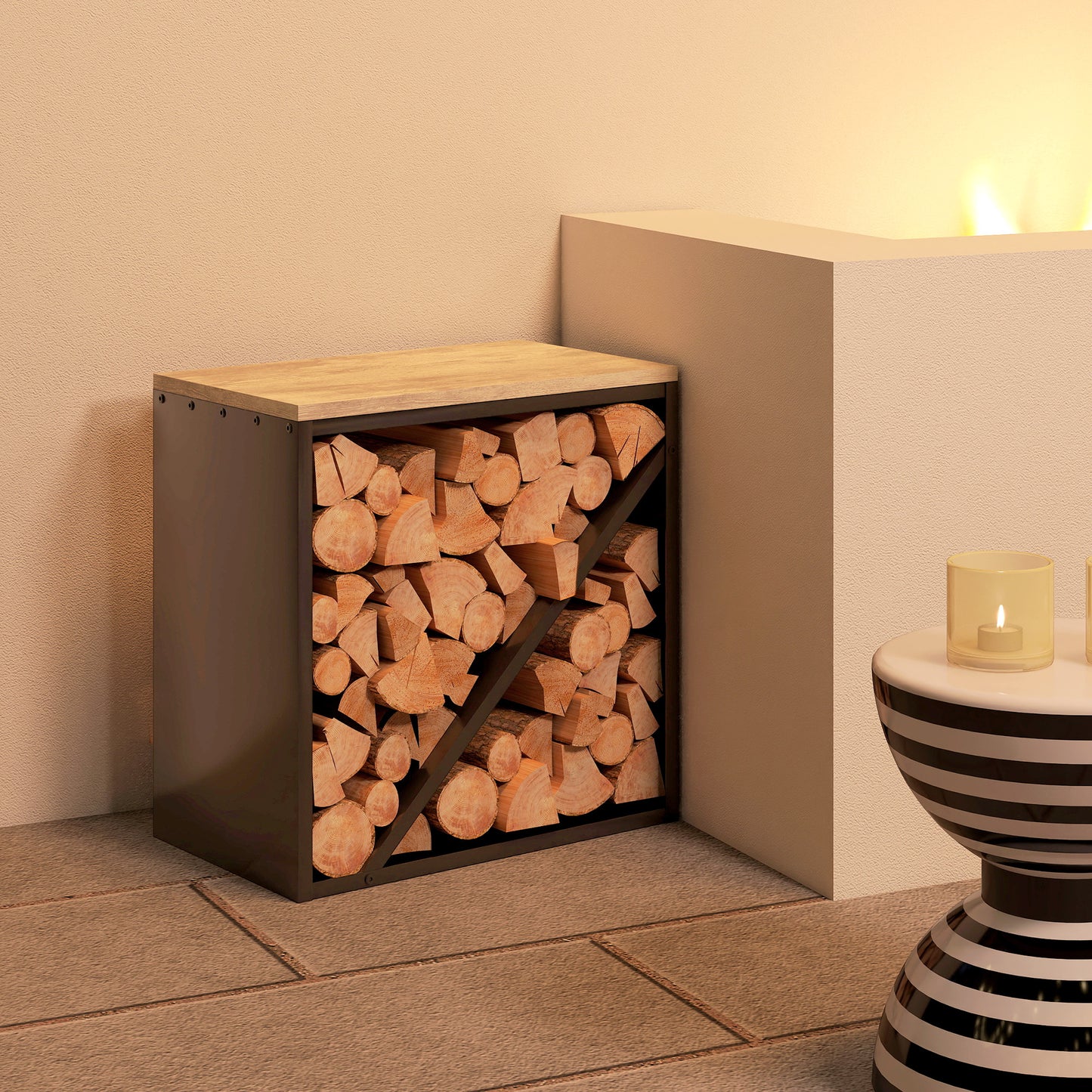 Outsunny 2-in-1 Kaminholzregal für innen 58 x 36 x 60cm erhöhtes Brennholzregal mit Trenner Metall Schwarz