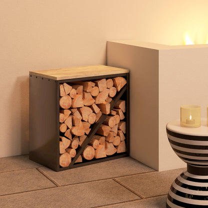 Outsunny 2-in-1 Kaminholzregal für innen 58 x 36 x 60cm erhöhtes Brennholzregal mit Trenner Metall Schwarz