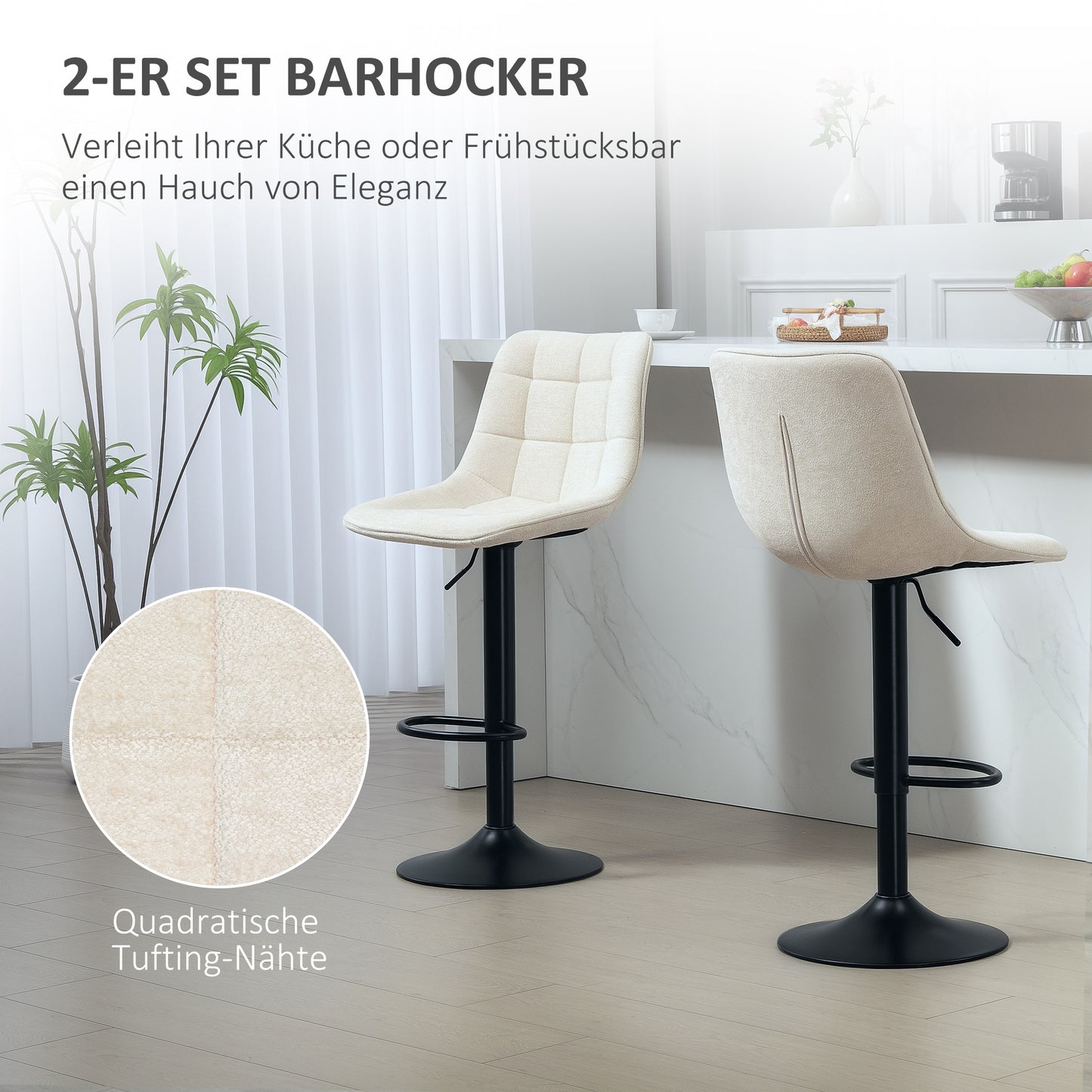 HOMCOM Moderner Barhocker, 2er-Set drehbare Barstühle mit Rückenlehne, höhenverstellbar, mit Fußstütze, gepolstert, Beige