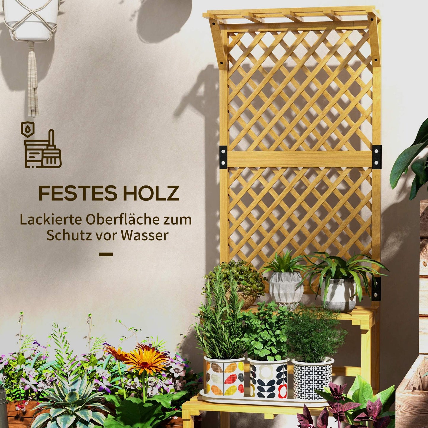 Outsunny Pflanzenständer, Blumenregal, 2 Etagen, mit Spalier &amp; Dach, Tannenholz, 60x50x166cm, Gelb