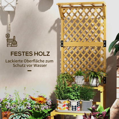 Outsunny Pflanzenständer, Blumenregal, 2 Etagen, mit Spalier &amp; Dach, Tannenholz, 60x50x166cm, Gelb