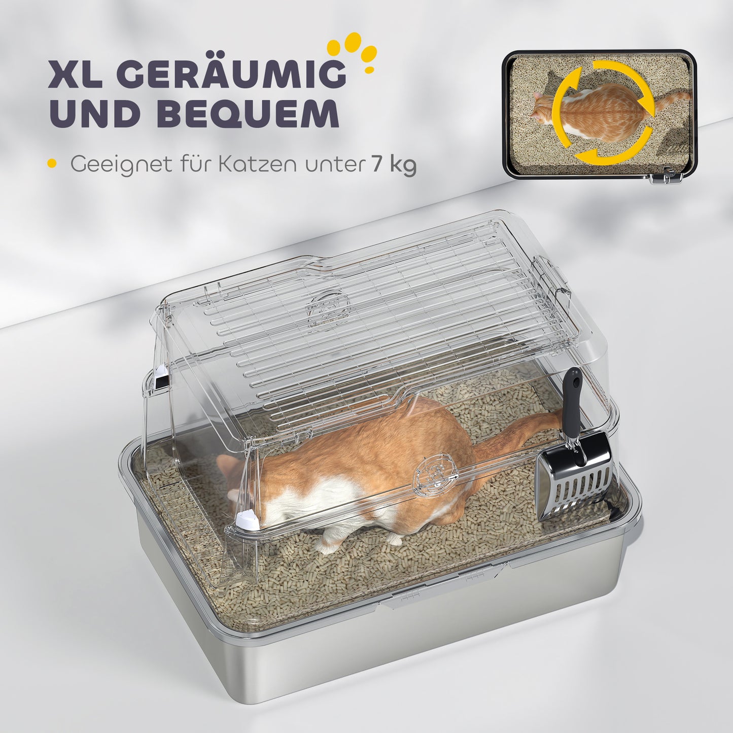 PawHut Katzentoilette, Edelstahl, XL-Innenraum, mit Schaufel, Hellgrau