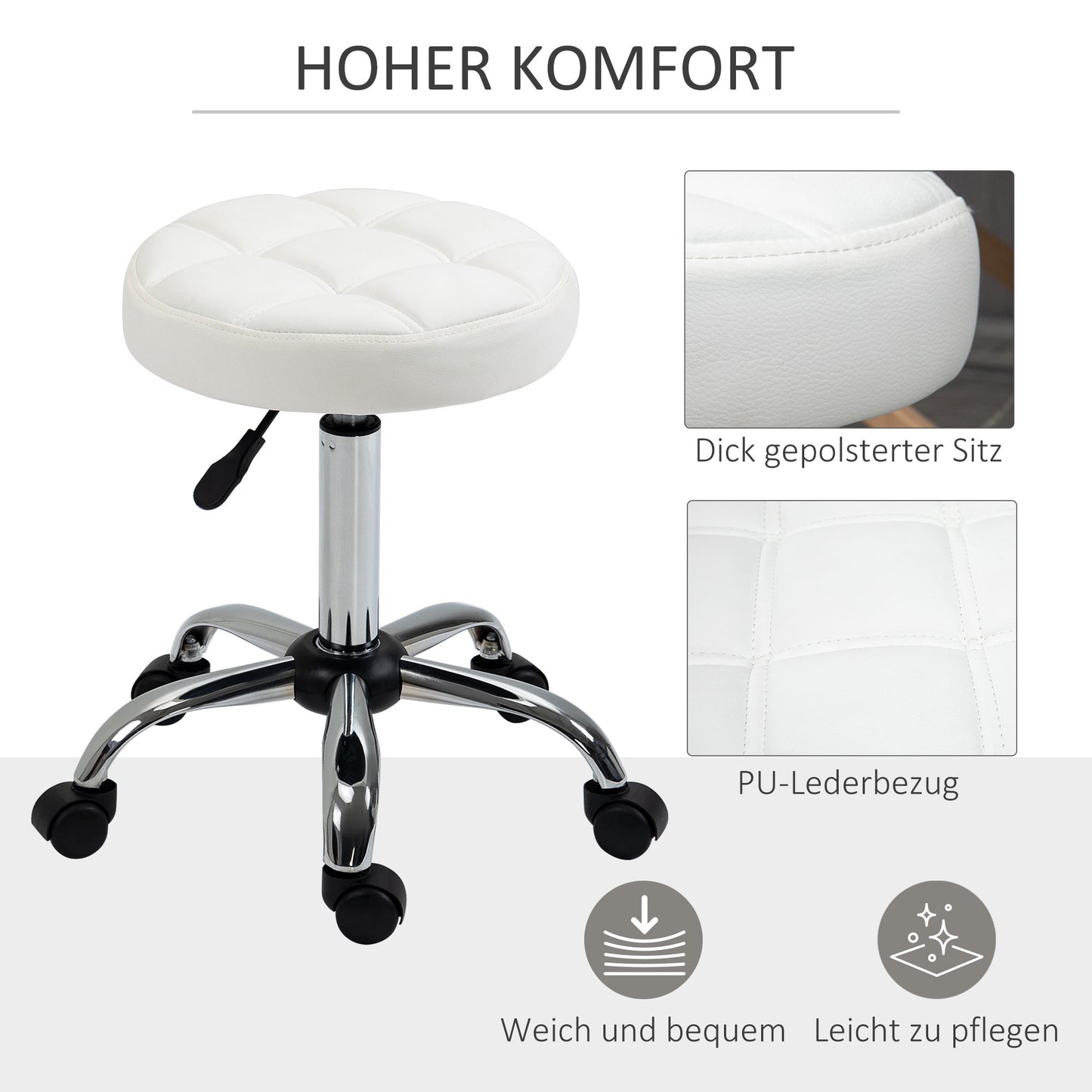HOMCOM Drehhocker, Salonhocker, höhenverstellbar, Kunstleder, Steppdesign, Ø35,5 x 48-63 cm, Weiß/Silber