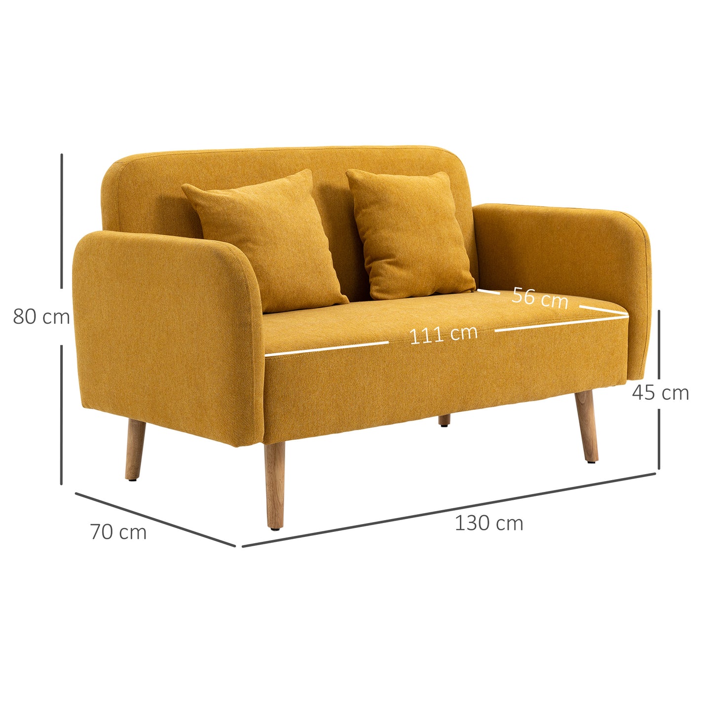 HOMCOM Sofa 2 Sitzer Couch mit 2 Wurfkissen, Kleine Loveseat mit Samtopik Modern Polstersofa für Wohnzimmer, Schlafzimmer, kleinen Raum, Gelb 130 x 70 x 80 cm