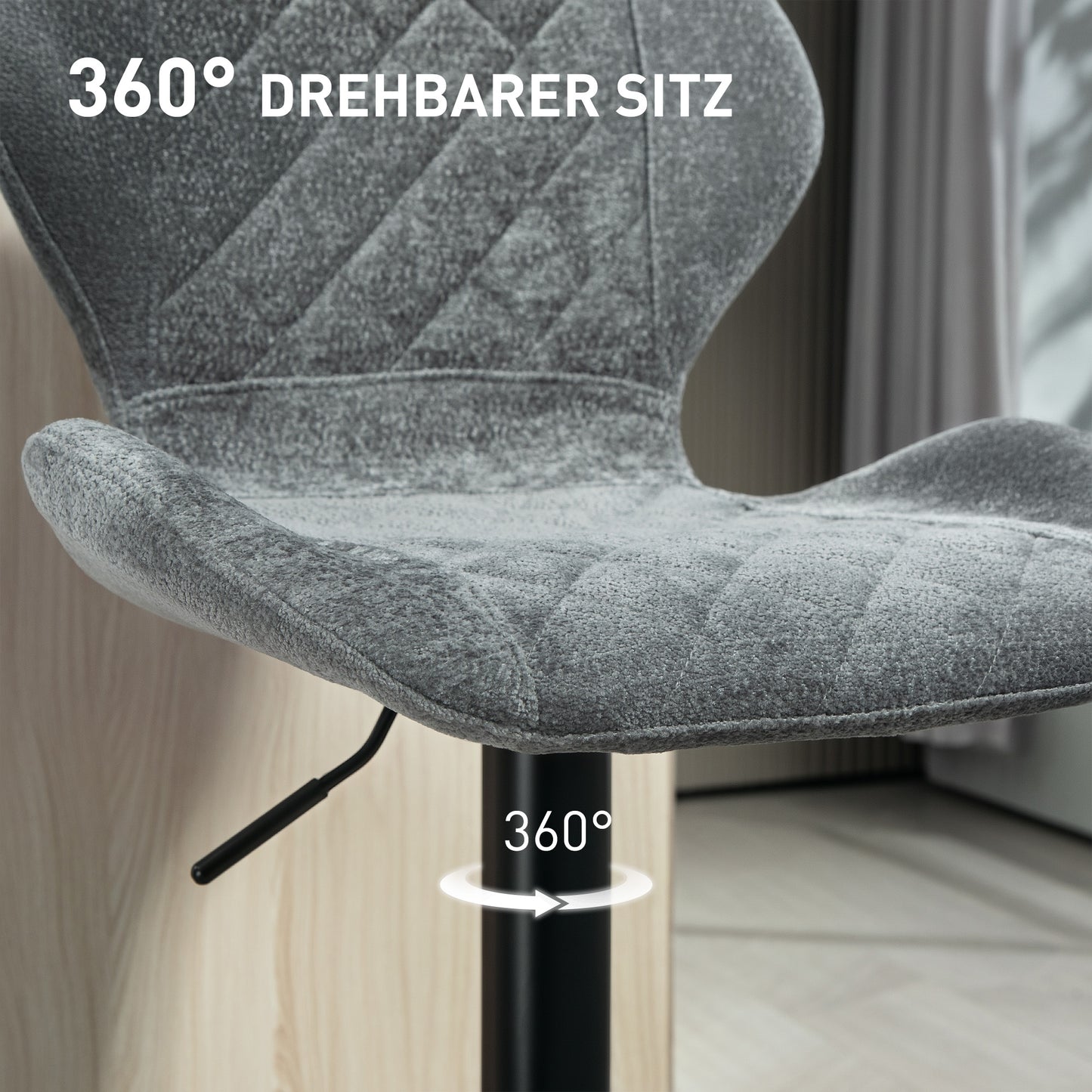 HOMCOM Barstühle im 2er-Set, Höhenverstellbare Küchenhocker mit Rückenlehne, Gaslift, Fußstütze, drehbar, Grau