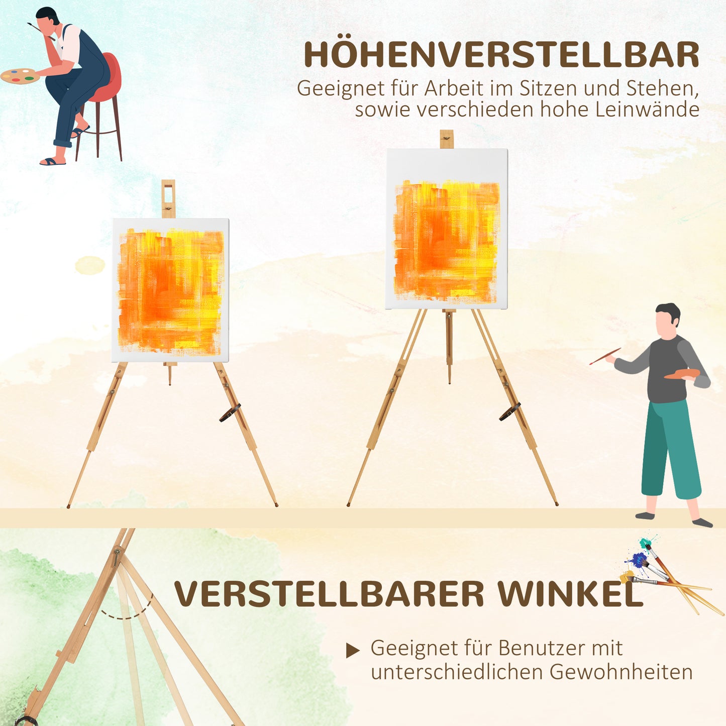 Vinsetto Staffelei, höhenverstellbar, klappbar, natürliches Buchenholz, für Leinwände bis 107H cm