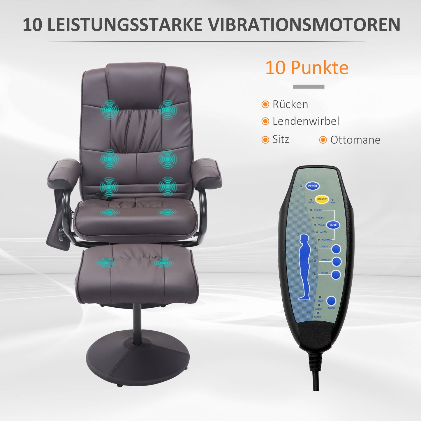 HOMCOM Massagesessel Relaxsessel, inkl. Fußhocker, 10 Vibrationspunkte, 1 Fernbedienung; 77 cm x 84 cm x 95 cm, Braun