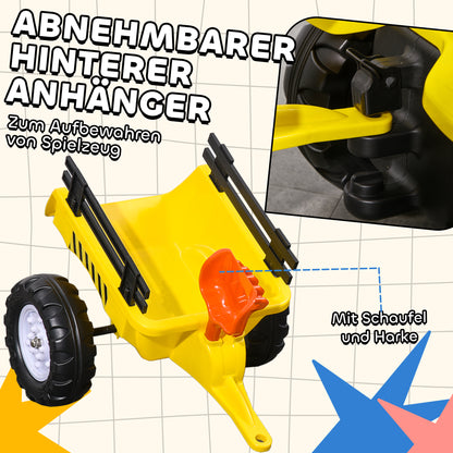 HOMCOM Trettraktor mit Anhänger, Werkzeug, Hupe, für Kinder ab 3 J., Metallrahmen, schwarz-gelb, 133 x 42 x 51 cm
